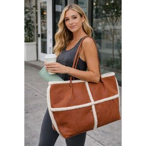 Tote Bag Orange Faux Leather White Shearling Universal Thread Vegan Large Purse